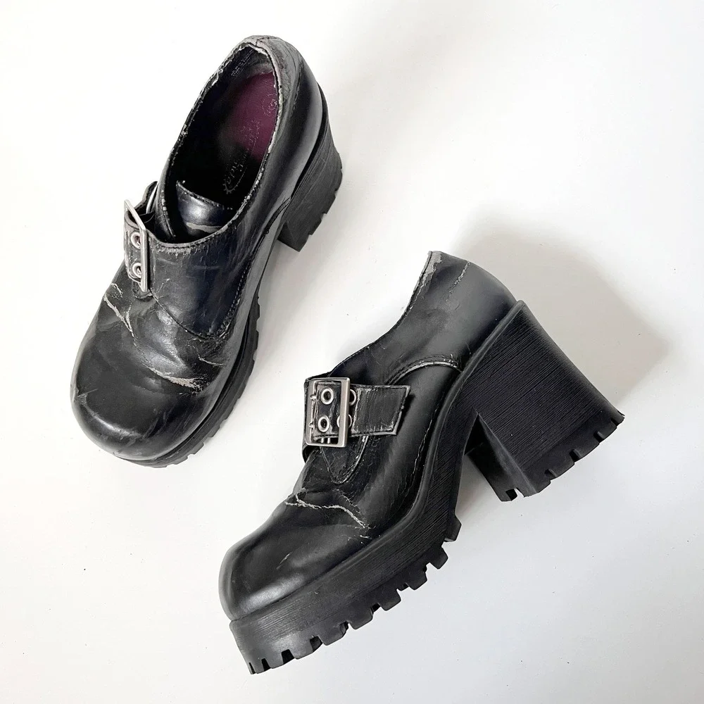 Vintage 90s Y2K Chunky Platform Square Toe Mary Jane Boots Shoes Grommets Size 9